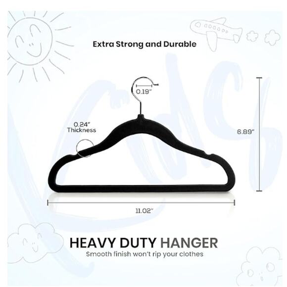 New in the Box- Kids Hangers Velvet (50 Pack) - 11 Inch (Black) - Picture 2 of 4